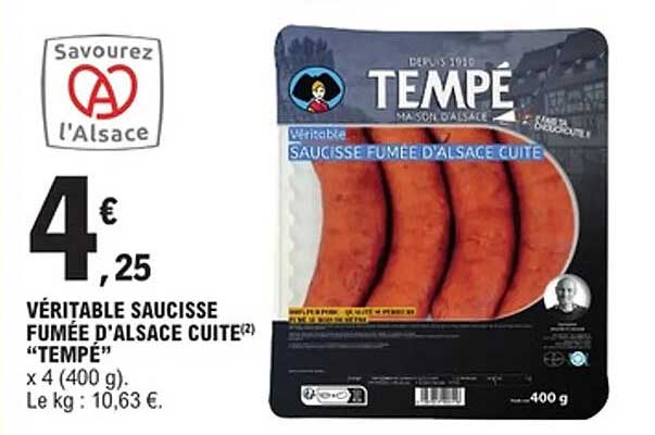 VÉRITABLE SAUCISSE FUMÉE D'ALSACE CUITE "TEMPÉ"