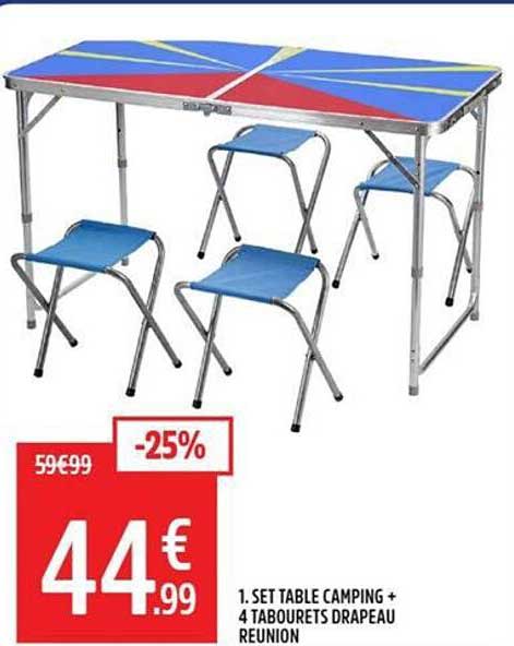 1. SET TABLE CAMPING + 4 TABOURETS DRAPEAU REUNION