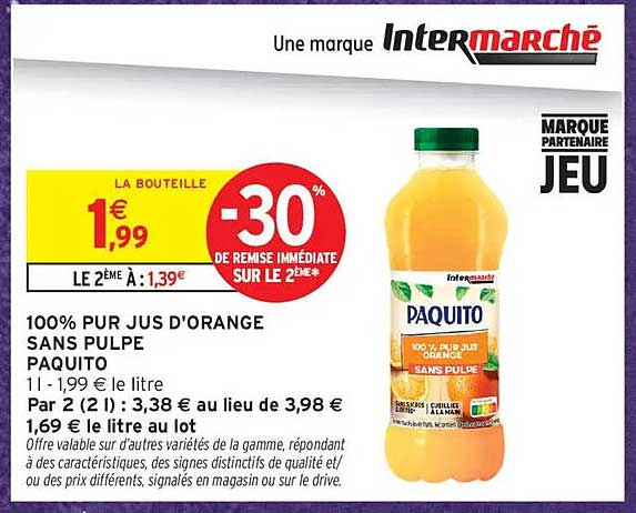 100% PUR JUS D'ORANGE SANS PULPE PAQUITO