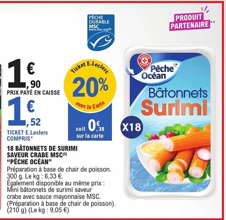 18 BÂTONNETS DE SURIMI SAVEUR CRABE MSC “PÊCHE OCÉAN”