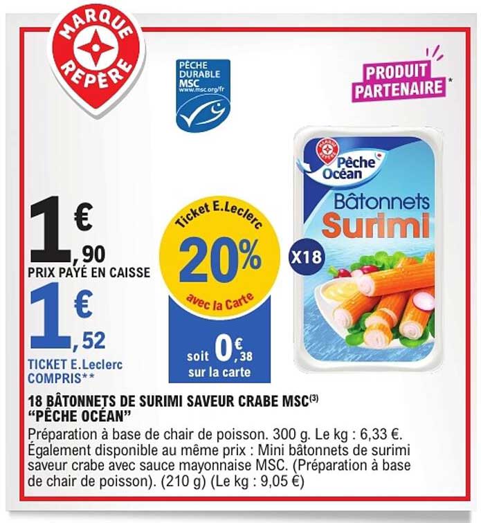 18 BÂTONNETS DE SURIMI SAVEUR CRABE MSC “PÊCHE OCÉAN”
