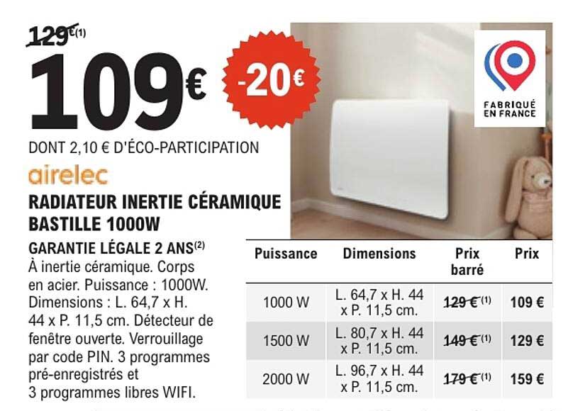 airelec RADIATEUR INERTIE CÉRAMIQUE BASTILLE 1000W