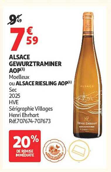 ALSACE GEWURZTRAMINER AOP(1) Moelleux ou ALSACE RIESLING AOP(1) Sec 2025 HVE Sériographie Villages Henri Ehrhart Réf.707674-707673