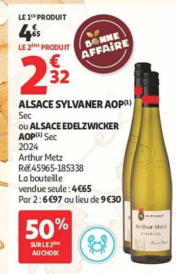 ALSACE SYLVANER AOP(1) Sec ou ALSACE EDELZWICKER AOP(1) Sec 2024 Arthur Metz Réf.45965-185338 La bouteille vendue seule : 4€65 Par 2 : 6€97 au lieu de 9€30