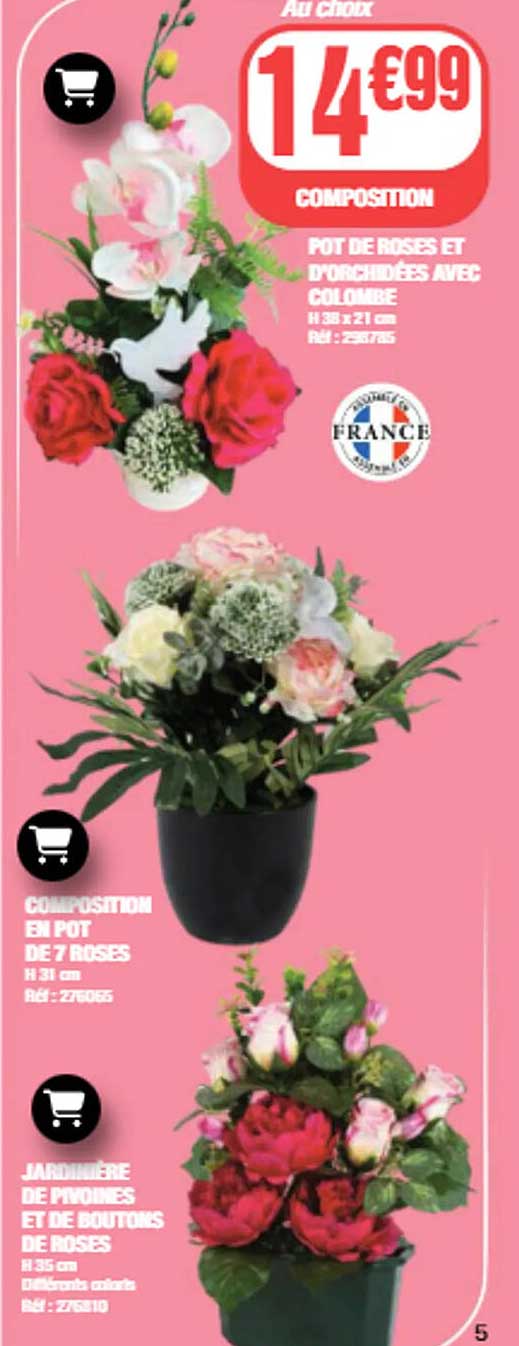 Au choix 14€99 COMPOSITION POT DE ROSES ET D'ORCHIDÉES AVEC COLOMBE