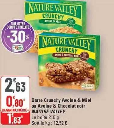 Barre Crunchy Avoine & Miel ou Avoine & Chocolat noir NATURE VALLEY