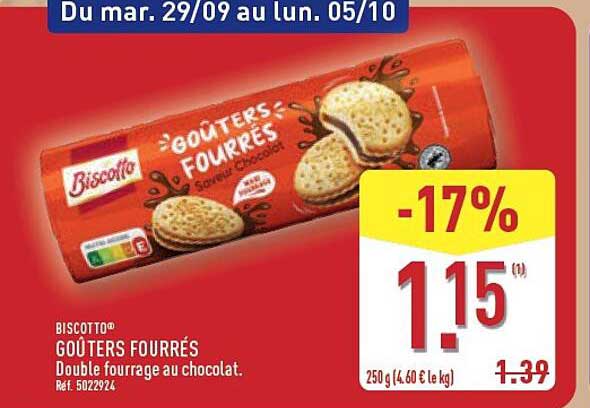 BISCOTTI® GOÛTERS FOURRÉS Double fourrage au chocolat.