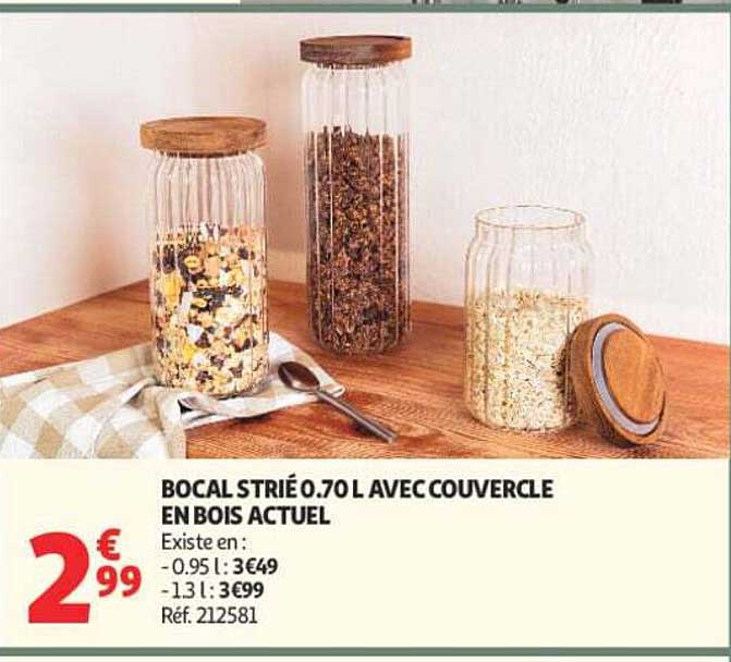 BOCAL STRIÉ 0.70 L AVEC COUVERCLE EN BOIS ACTUEL