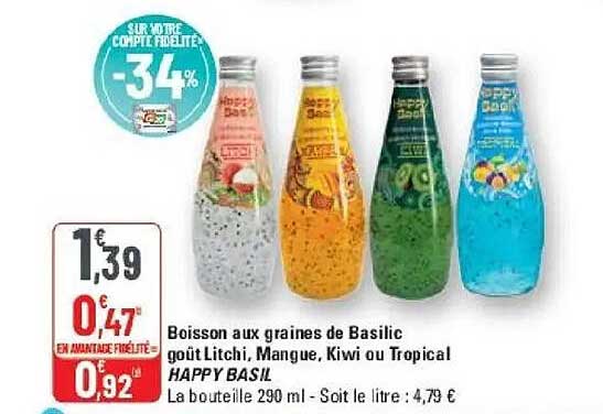 Boisson aux graines de Basilic goût Litchi, Mangue, Kiwi ou Tropical HAPPY BASIL
