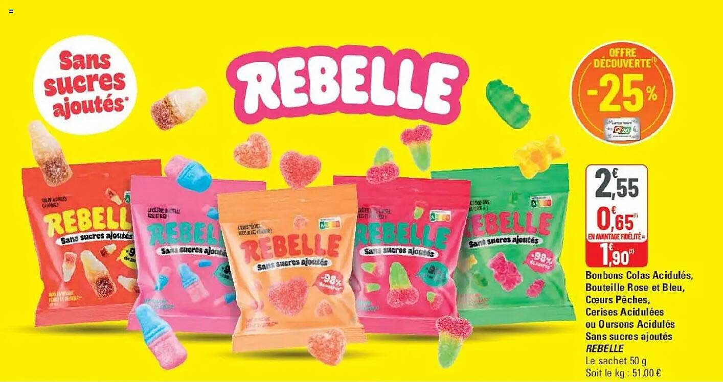 Bonbons Colas Acidulés, Bouteille Rose et Bleu, Coeurs Pêches, Cerises Acidulées ou Oursons Acidulés Sans sucres ajoutés REBELLE