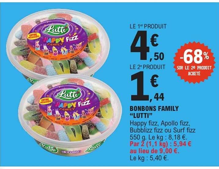BONBONS FAMILY “LUTTI” Happy fizz, Apollo fizz, Bubblizz fizz ou Surf fizz 550 g. Le kg : 8,18 €. Par 2 (1,1 kg) : 5,94 € au lieu de 9,00 €. Le kg : 5,40 €.