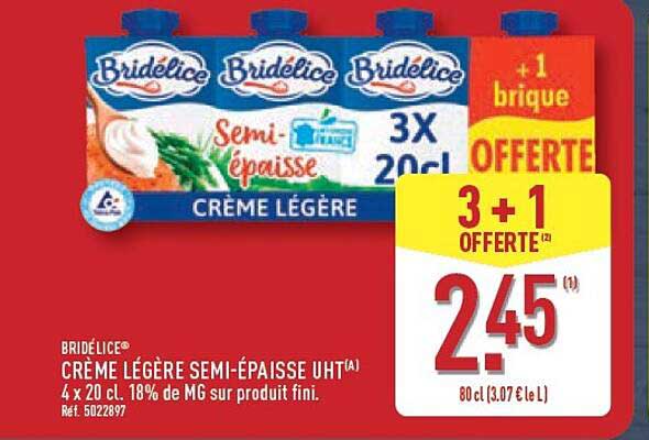 BRIDÉLICE CRÈME LÉGÈRE SEMI-ÉPAISSE UHT(A) 4 x 20 cl. 18% de MG sur produit fini. Ref. 5022897