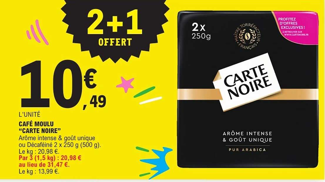 CAFÉ MOULU “CARTE NOIRE” Arôme intense & goût unique ou Décaféiné 2 x 250 g (500 g)