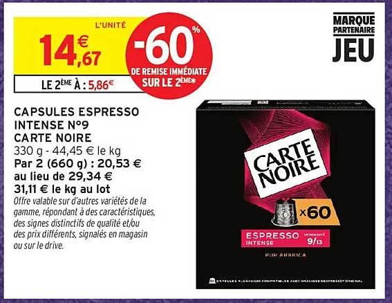 CAPSULES ESPRESSO INTENSE N°9 CARTE NOIRE