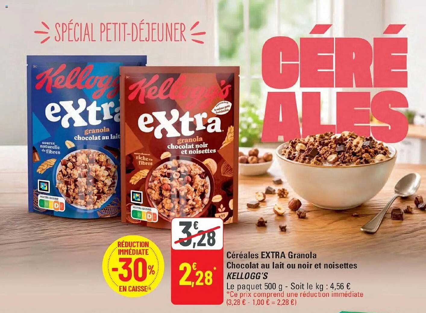Céréales EXTRA Granola Chocolat au lait ou noir et noisettes KELLOGG'S