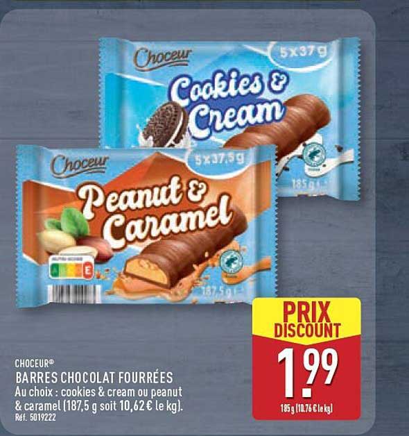 CHOCEUR® BARRES CHOCOLAT FOURRÉES Au choix : cookies & cream ou peanut & caramel (187,5 g soit 10,62 € le kg). Réf. 5019222