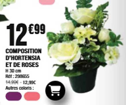 COMPOSITION D'HORTENSIA ET DE ROSES H 30 cm Réf : 293665