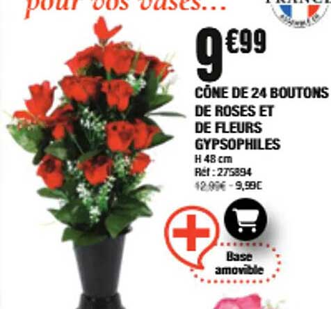 CÔNE DE 24 BOUTONS DE ROSES ET DE FLEURS GYPSOPHILES