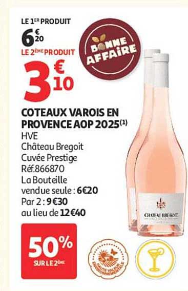 COTEAUX VAROIS EN PROVENCE AOP 2025(1) HVE Château Bregoit Cuvée Prestige Réf.866870 La Bouteille vendue seule : 6€20 Par 2 : 9€30 au lieu de 12€40