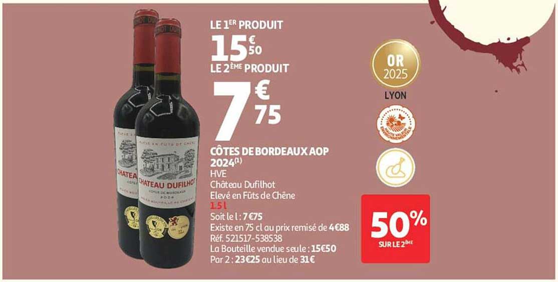 CÔTES DE BORDEAUX AOP 2024 HVE Château Dufilhot Élevé en Fûts de Chêne 1,5 l