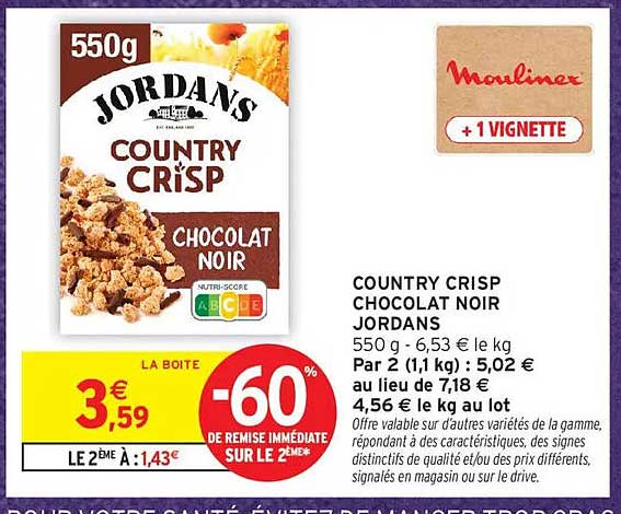COUNTRY CRISP CHOCOLAT NOIR JORDANS 550 g - 6,53 € le kg