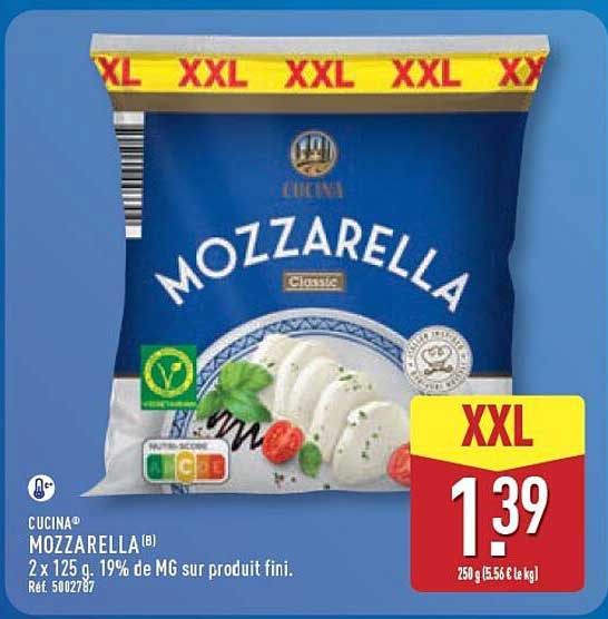 CUCINA® MOZZARELLA (B) 2 x 125 g. 19% de MG sur produit fini.