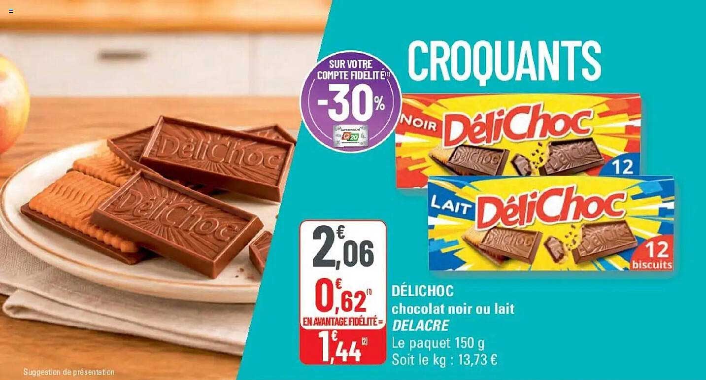 DÉLICHOC chocolat noir ou lait DELACRE
