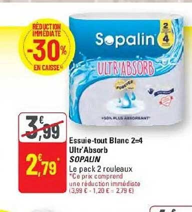 Essuie-tout Blanc 2=4 Ultr'Absorb SOPALIN Le pack 2 rouleaux