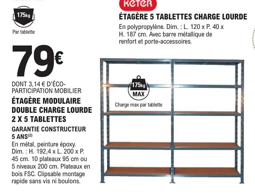 ÉTAGÈRE MODULAIRE DOUBLE CHARGE LOURDE 2 X 5 TABLETTES