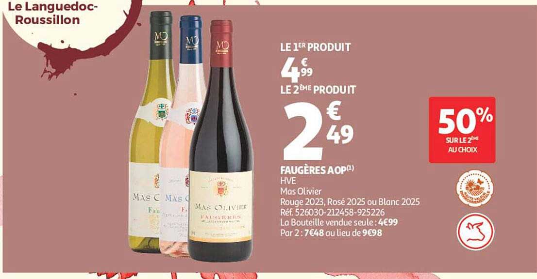 Faugères AOP HVE Mas Olivier Rouge 2023, Rosé 2025 ou Blanc 2025