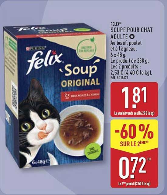 FELIX SOUPE POUR CHAT ADULTE Au boeuf, poulet et à l'agneau. 6 x 48 g.