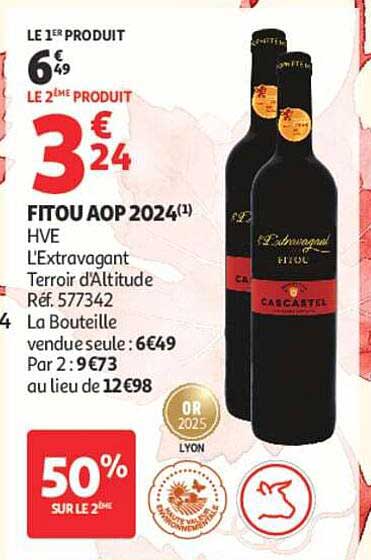 FITOU AOP 2024(1) HVE L'Extravagant Terroir d'Altitude Réf. 577342 La Bouteille vendue seule : 6€49 Par 2 : 9€73 au lieu de 12€98