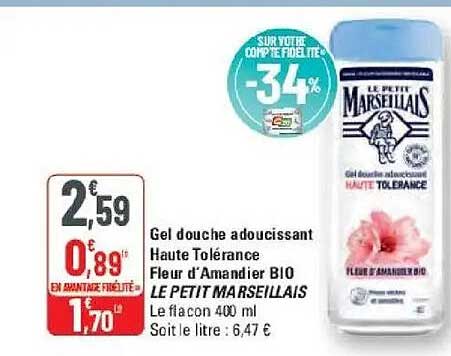 Gel douche adoucissant Haute Tolérance Fleur d’Amandier BIO LE PETIT MARSEILLAIS Le flacon 400 ml