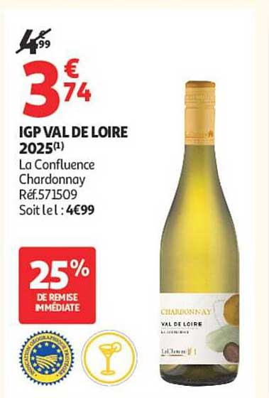 IGP VAL DE LOIRE 2025(1) La Confluence Chardonnay Réf.571509 Soit le l : 4€99