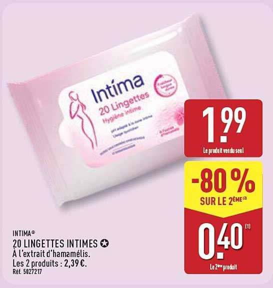 INTIMA® 20 LINGETTES INTIMES À L'extrait d'hamamélis. Les 2 produits : 2,39€.