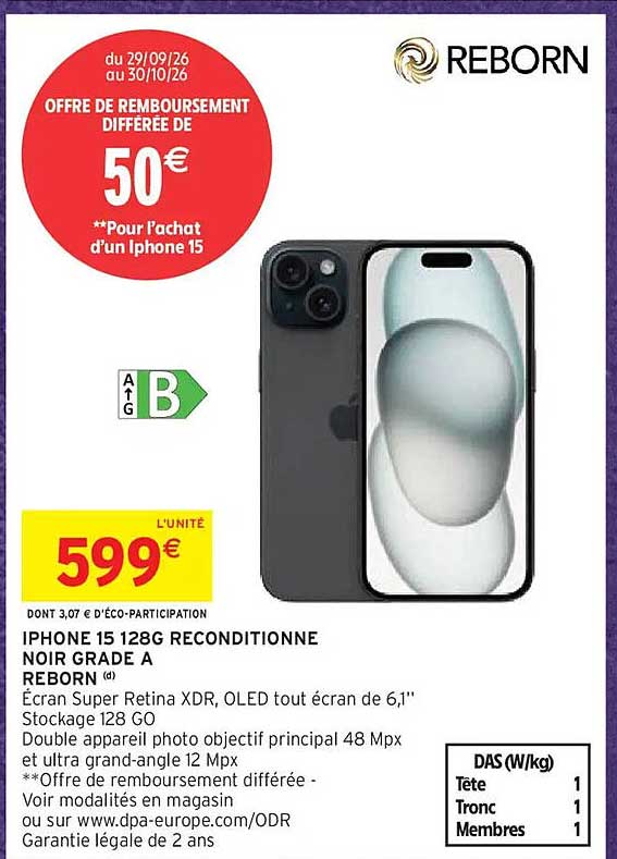 IPHONE 15 128G RECONDITIONNE NOIR GRADE A REBORN