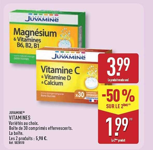 JUVAMINE® VITAMINES Variétés au choix. Boîte de 30 comprimés effervescents. La boîte.