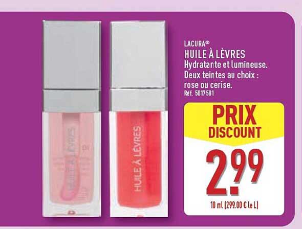 LACURA® HUILE À LÈVRES Hydratante et lumineuse. Deux teintes au choix : rose ou cerise.