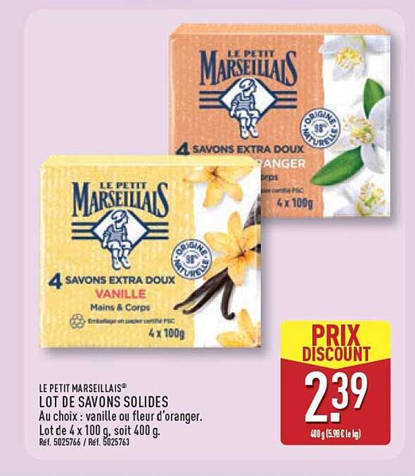 LE PETIT MARSEILLAIS® LOT DE 4 SAVONS SOLIDES Au choix : vanille ou fleur d’oranger. Lot de 4 x 100 g, soit 400 g.