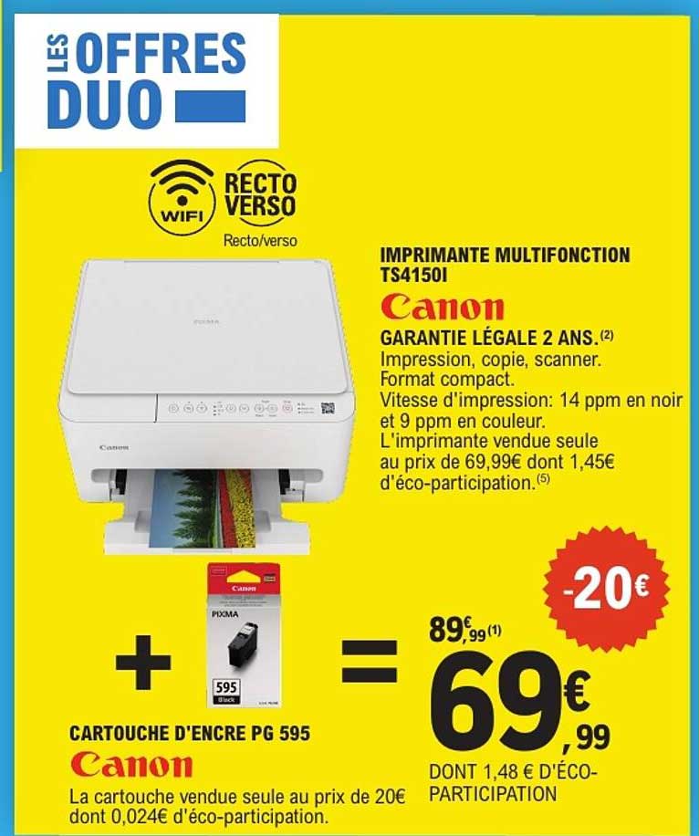 LES OFFRES DUO - IMPRIMANTE MULTIFONCTION TS4150I Canon + CARTOUCHE D'ENCRE PG 595 Canon