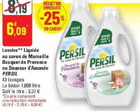 Lessive liquide au savon de Marseille Bouquet de Provence ou Douceur d'Amande PERSIL