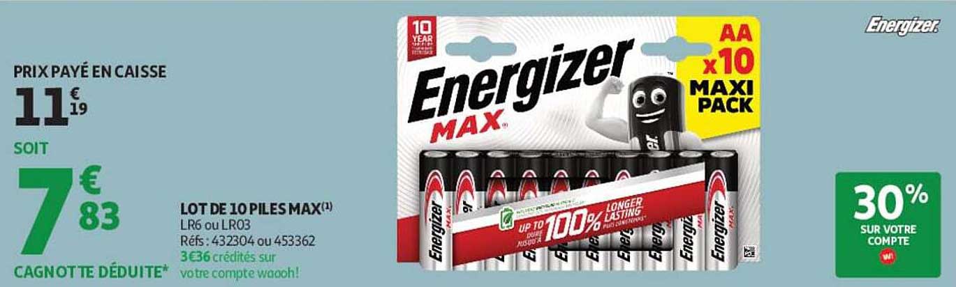 LOT DE 10 PILES MAX(1) LR6 ou LR03 Réfs: 432304 ou 453362