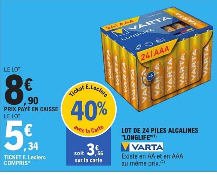 LOT DE 24 PILES ALCALINES "LONGLIFE" VARTA