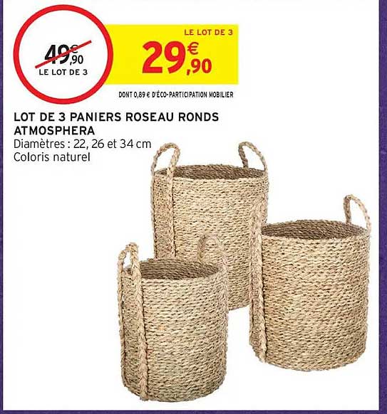 LOT DE 3 PANIERS ROSEAU RONDS ATMOSPHERA
