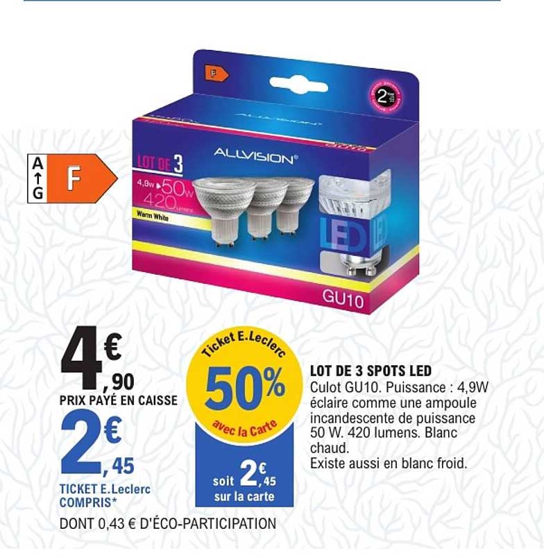LOT DE 3 SPOTS LED Culot GU10. Puissance : 4,9W éclaire comme une ampoule incandescente de puissance 50 W. 420 lumens. Blanc chaud. Existe aussi en blanc froid.