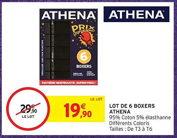 LOT DE 6 BOXERS ATHENA 95% Coton 5% élasthanne Différents Coloris Tailles : De T3 à T6