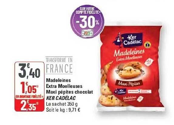 Madeleines Extra Moelleuses Maxi pépites chocolat KER CADÉLAC Le sachet 350 g