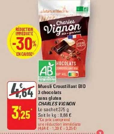 Muesli Croustillant BIO 3 chocolats sans gluten CHARLES VIGNON