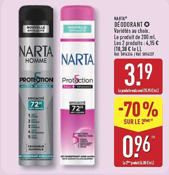 NARTA DÉODORANT Variétés au choix. Le produit de 200 ml. Les 2 produits : 4,15 € (10,38 € le L.)