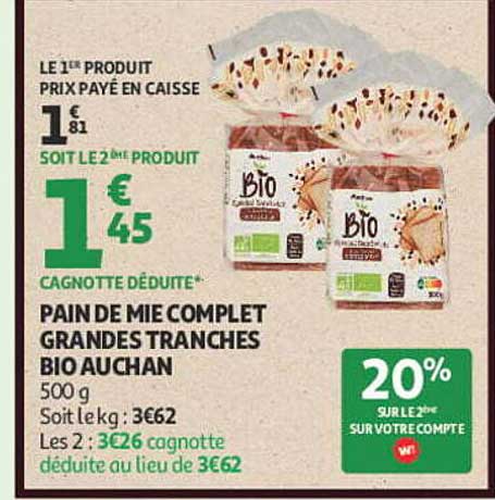 PAIN DE MIE COMPLET GRANDES TRANCHES BIO AUCHAN